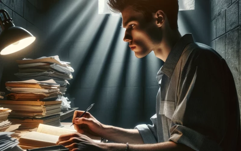 DALL·E 2024-03-11 23.37.13 - A young man in a prison cell is focused on studying. He sits at a small desk filled with books and papers, a pen in his hand. The cell is dimly lit by