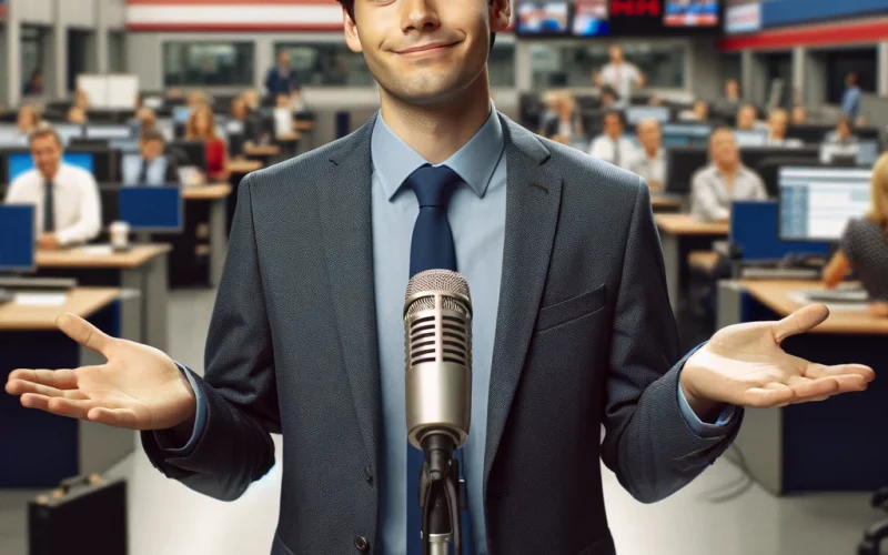 DALL·E 2024-03-12 21.58.49 - A journalist in a professional outfit stands in front of a microphone, spreading their arms wide in a gesture that conveys a sense of resignation and