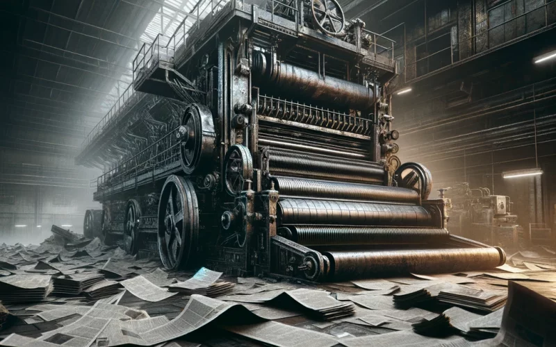 DALL·E 2024-04-19 19.23.36 - A dramatic scene depicting a destroyed newspaper press. The machine is large and metallic, with visible signs of damage such as bent parts and broken