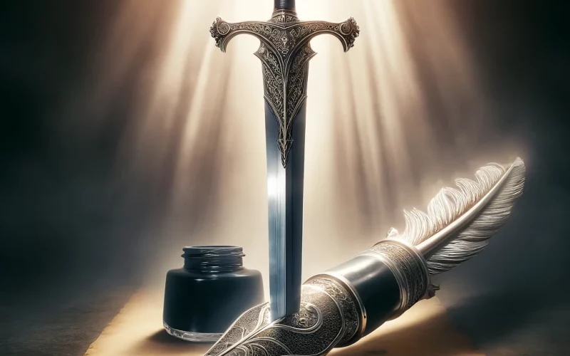 DALL·E 2024-04-25 19.49.48 - A dramatic representation of a sword overpowering a pen. The scene is metaphorical, with a large, ornate medieval sword, gleaming with sharp edges, pi